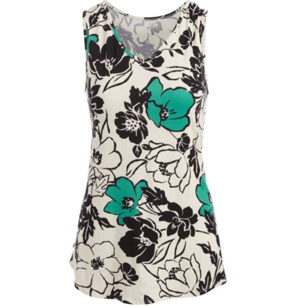 Cool Melon Ivory & Green Floral V-Neck Tank XL